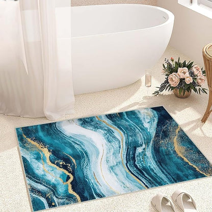 2x3 Abstract Entryway Area Rug Blue White Golden Bathroom Rug Non Slip Machine Washable Low Pile Small Carpet Kitchen Bedroom Door Mat Entrance