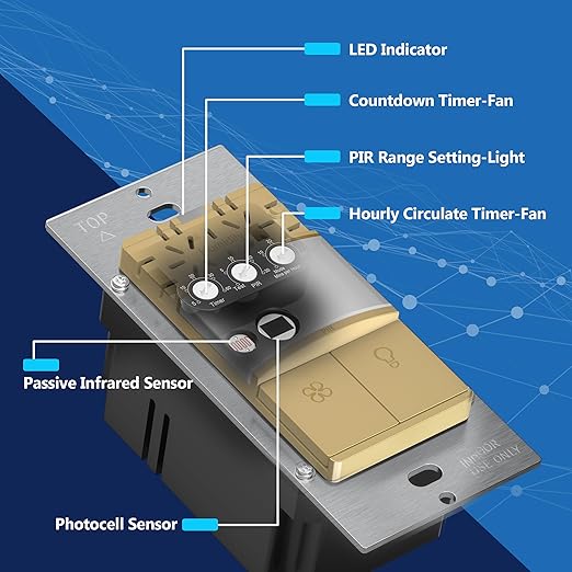 LIDER Humidity Sensor Switch and Motion Sensor Light Switch, PIR Sensor, Humidity Detection, Occupancy/Vacancy, No Neutral Required, ¼ HP, 1-Pole, Gold, Screwless Wall Plate Included
