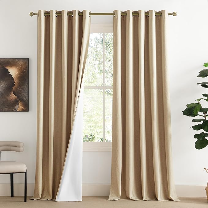 NICETOWN 100% Blackout Camel Linen Curtains 120 inches Length by NICETOWN