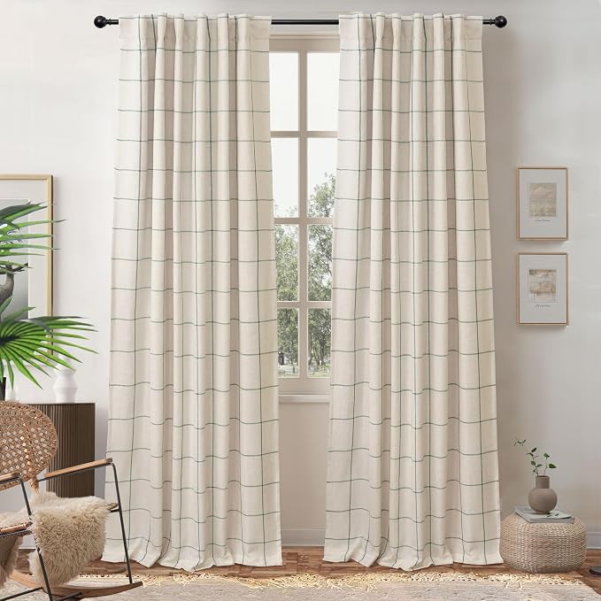 DriftAway 100% Blackout Plaid Linen Curtains W52xL90 Loden Green | 100% Blackout by DriftAway