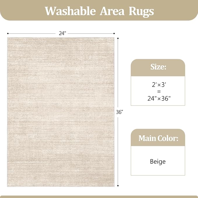 2x3 Rug Non Slip, Small Washable Entryway Rug Indoor Doormat Beige | Soft Low - Image 2