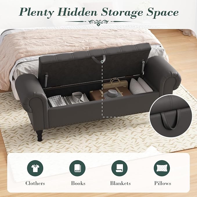 Apicizon 60" Bench with Storage, Upholstered Tufted Button Bedroom Bench with - Image 4