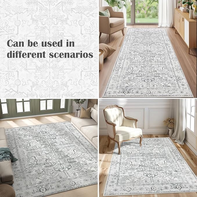 jinchan Lima Kitchen Runner Rug 3x8 - Vintage Floral Machine Washable Non-Slip Hallway Runner Rug with Rubber Backing Ultra-Thin Carpet for Bedroom Laundry Room Farmhouse (3x8ft, Grey)