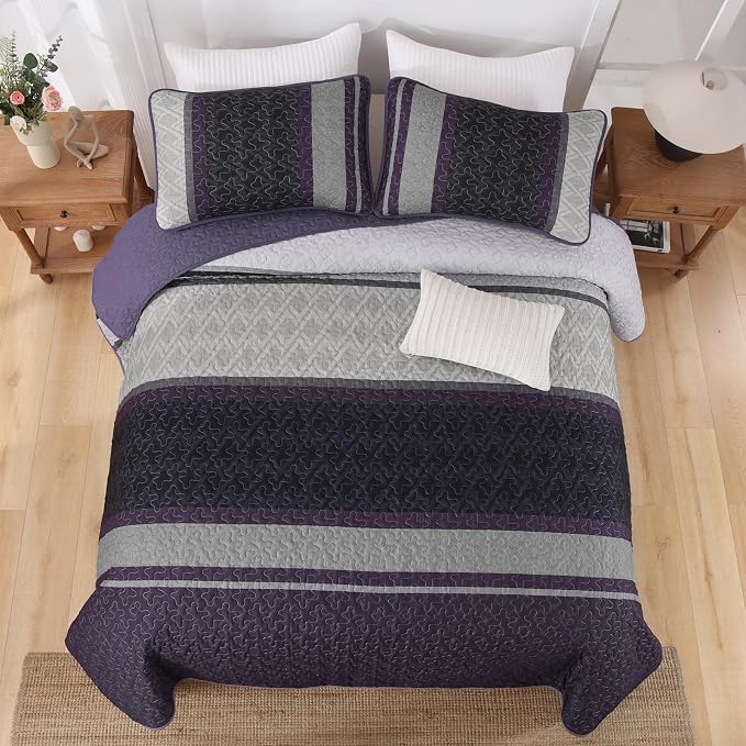 Dinjoy California King Quilt Set Purple, Striped Bedspread, Bedding Sets | 3 - Image 7