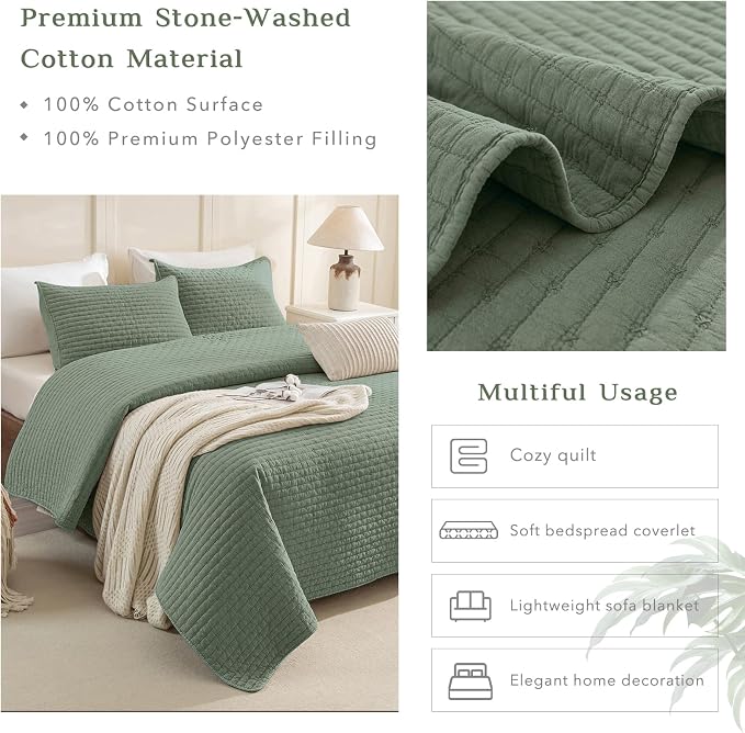 CozyTide Oversized King Quilt 128"x120", Stone-Washed Cotton Olive Green - Image 4