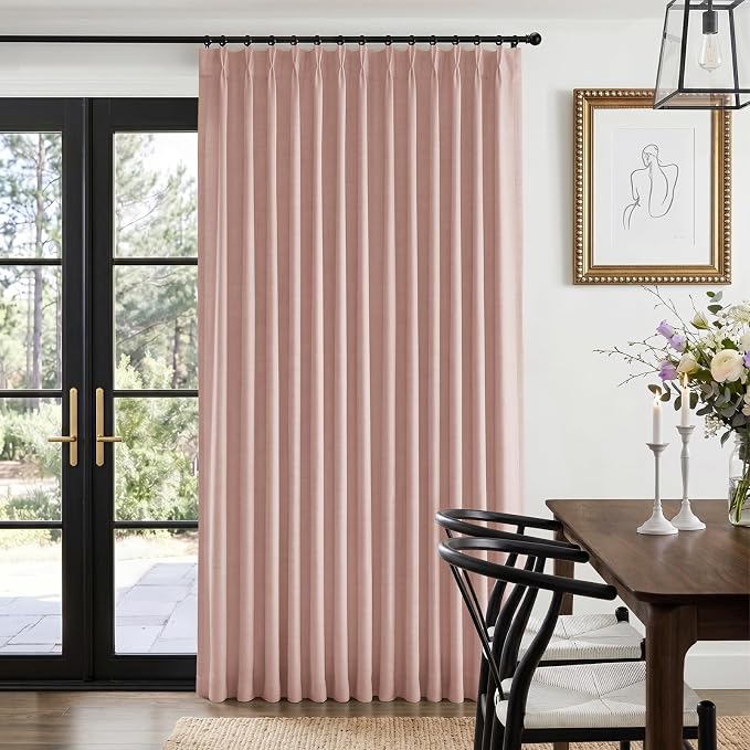 Pinch Pleated Full Blackout Faux Linen Curtains 108 Inches Long | Blush Pink by 100BlackoutShield