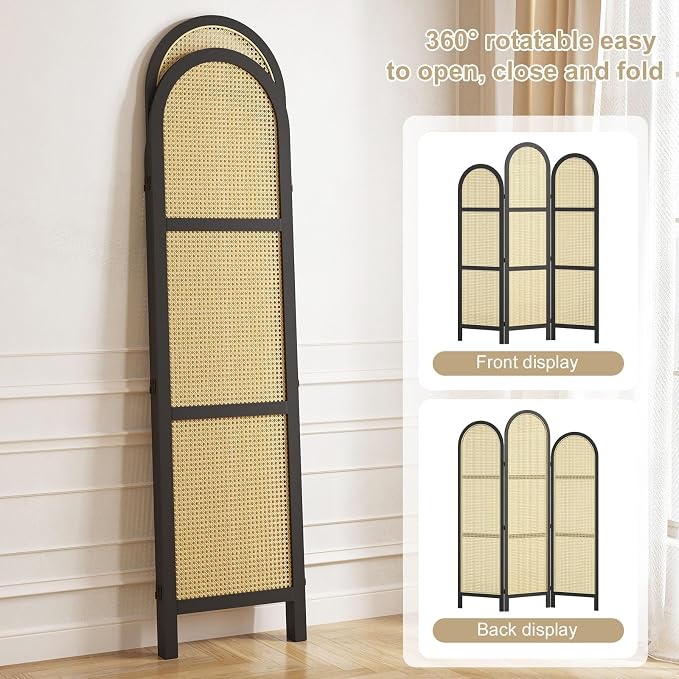 3-Panel Hand-Woven Rattan Room Divider, Tall Foldable Privacy Screen - Image 6
