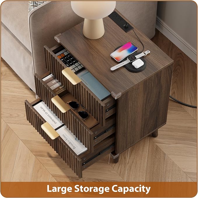 Wood Bedside Table w/Charging Station, 3 Drawers Fluted Dresser | Walnut - Image 5