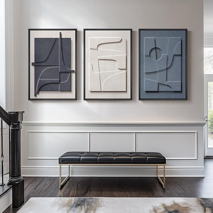 Large 3D Textured Framed Blue and White Abstract Wall Art - Image 4
