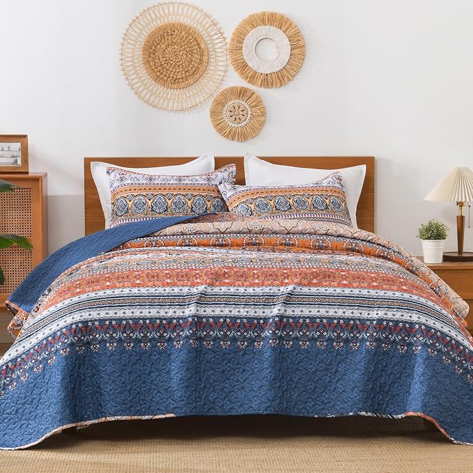 Blue Orange King Size Quilt Set, 3 Pieces Boho Striped Bedspread | Soft by Andency