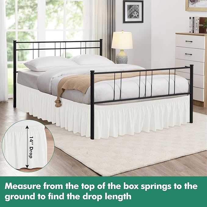 Biscaynebay Wrap Around Bed Skirts with Split Corners for Queen Beds 14" Drop, Ivory Elastic Dust Ruffles Adjustable Easy Fit Wrinkle & Fade Resistant Silky Luxurious Fabric Machine Washable