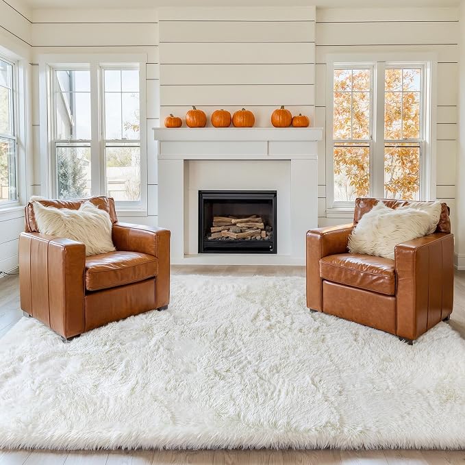 KICHOWUA 4x6 Thick Cream White Fluffy Shag Plush Washable Rug - Image 9