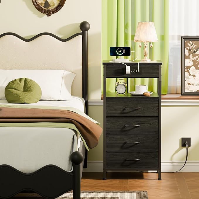 Tall Night Stand with Charging Station, 4 Drawers Bedside Table | Small Black - Image 2