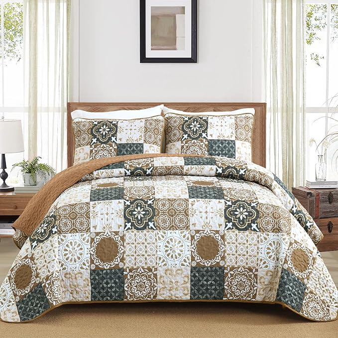 Dobuyly Patchwork Quilt Set King Size, Boho Farmhouse Bedspread Brown | Dobuyly by Dobuyly