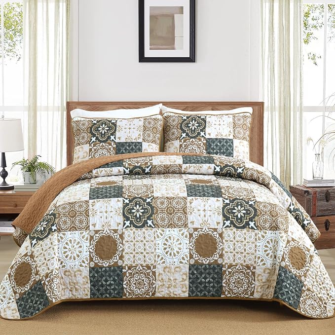 Dobuyly Patchwork Quilt Set Full Size, Boho Farmhouse Bedspread Brown | Dobuyly by Dobuyly