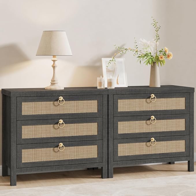 Eclatara Large Rattan Night Stand Set of 2 Boho Nightstand by Eclatara