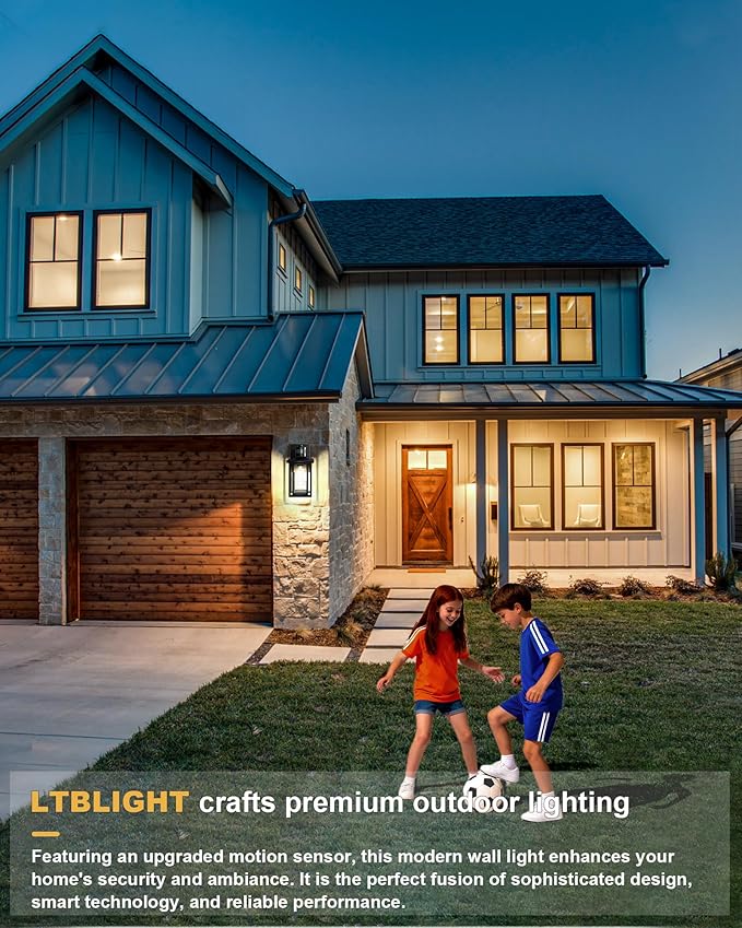LTBLIGHT 2-Pack Motion Sensor Outdoor Lights, Modern Black Dusk to Dawn Porch Light Lanterns with 4 Modes, Waterproof Exterior Lighting for House, Patio, Garage, Front Door, 120V