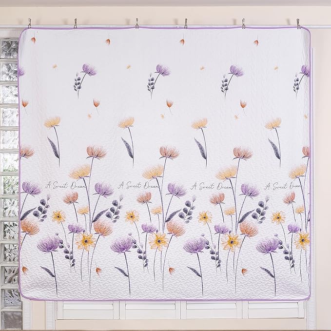 Dinjoy Floral Quilt Set Queen, 3 Pieces Purple Flower Bedspread Coverlet | Soft - Image 4