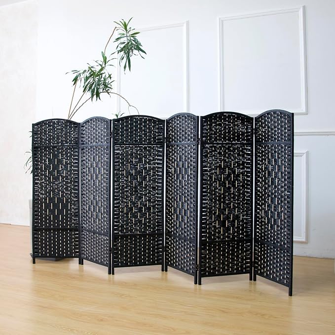 6-Panel Short Room Divider, 3.9 ft Freestanding Partition Wall, Natural Black by Loomveil