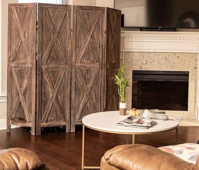 Premium Home 6-Panel Room Divider – Rustic Brown Barn Door, X Pattern Folding - Image 3