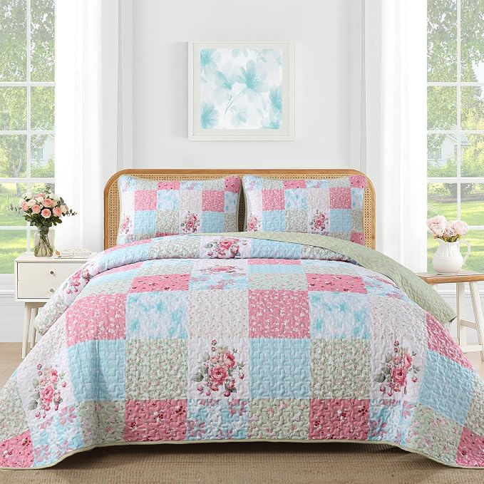 Mybedsoul Blue Pink Patchwork King Size Quilt, Soft Boho Floral King Bedspreads by Mybedsoul