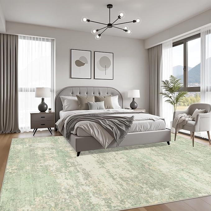 9x12 Area Rug Living Room: Modern Washable Soft Carpet Green Cream | - Image 3