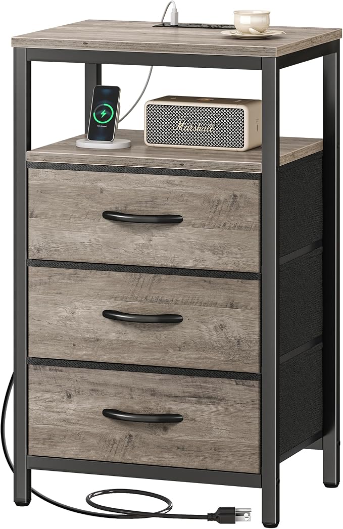Huuger Nightstand with Charging Station, 27.6 Inch Bedside Table, Side Table | - Image 9