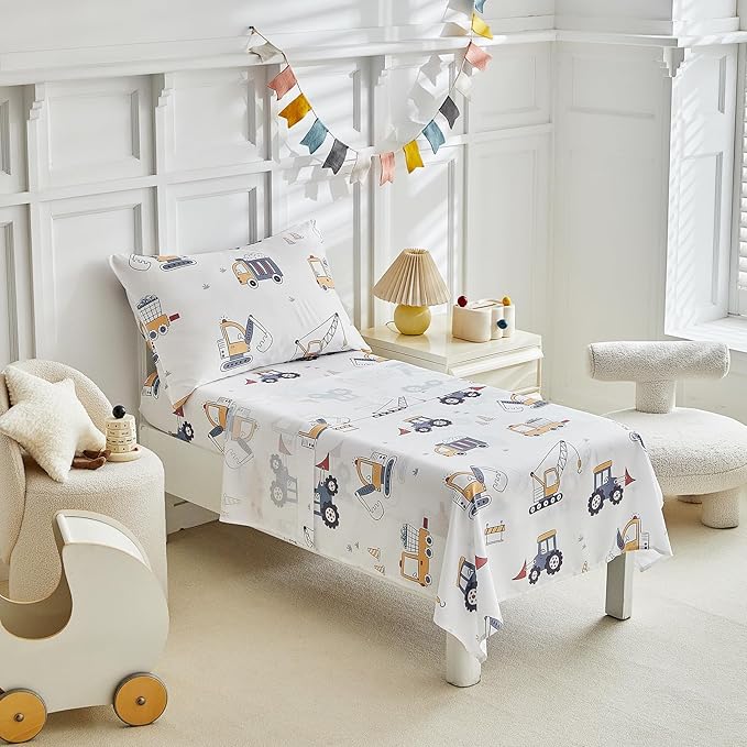 JHXHMX 4 Pieces Toddler Bedding Set for Boys,Excavator Cars Truck Pattern Toddler Comforter Set,Soft Crib Bed Set Including Comforter,Sheets and Pillowcase-Gray