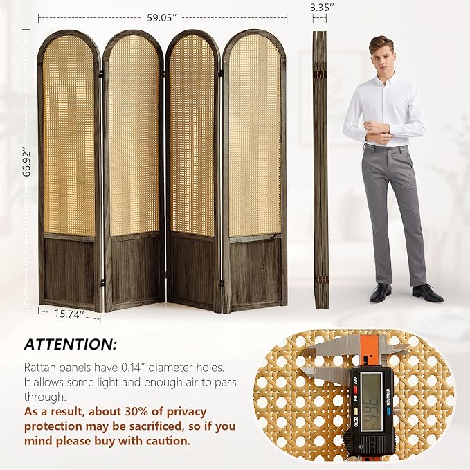 4 Panel Rattan Room Divider Screen, Boho Folding Privacy Screen | Decorative - Image 3
