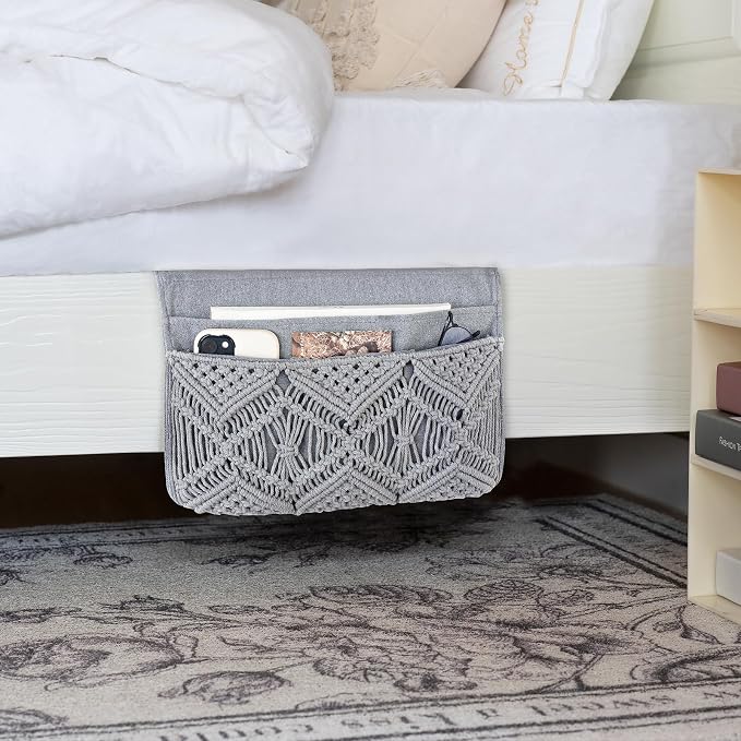 Mkono Macrame Bedside Caddy, Boho Bed Storage Organizer, 4 Pockets Grey | Dorm - Image 2