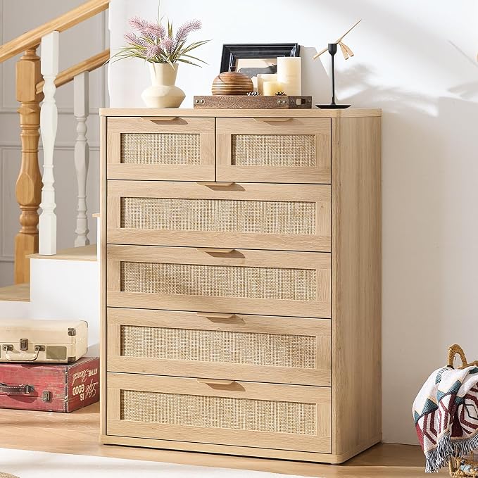 LEYAOYAO Rattan Dresser for Bedroom Set 2, Oak Modern 6 Drawers Boho Dressers - Image 7