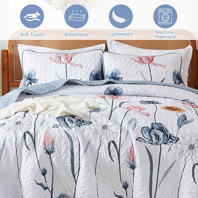 WONGS BEDDING King Size Quilt Set, 3-Piece Lightweight Botanical Bedspread | - Image 7