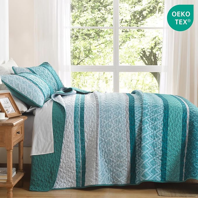 Dinjoy Boho Quilt Set, Turquoise Bedspread Queen Size, Striped Plaid Spring - Image 3