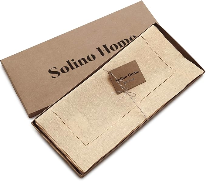 Solino Home Linen Hemstitch Table Runner 60 Inches - 100% Pure Linen Beige Table Runner 14 x 60 Inch Ideal for Dresser and Coffee Tables - Christmas, New Year - Classic Hemstitch