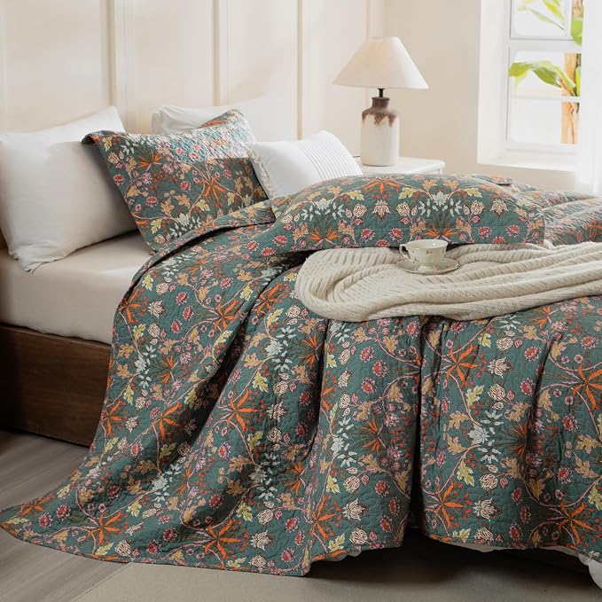 QSH 100% Cotton Oversized King Bedspread Set-3Pcs Floral Quilt Coverlet - Image 8