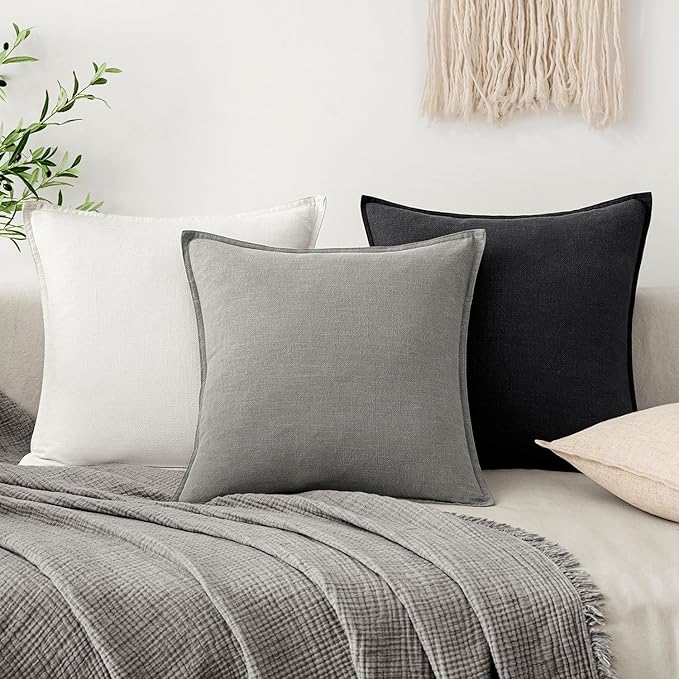 EMEMA Decorative Linen Throw Pillow Covers 20x20 Inch Cream Boho Farmhouse Neutral Couch Throw Pillows for Bed Pack of 2 Accent Pillowcase Modern Sofa Cushion Livingroom Home