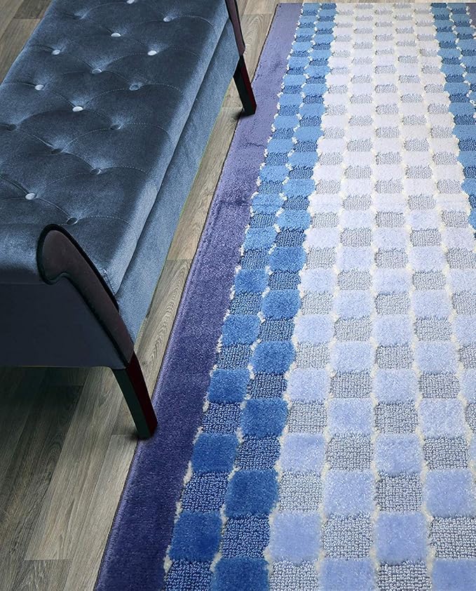 Custom Length Hallway Runner Rug,Slip Resistant,Checkered Blue, 26 Inch X 17 feet, Sold and Priced Per Foot