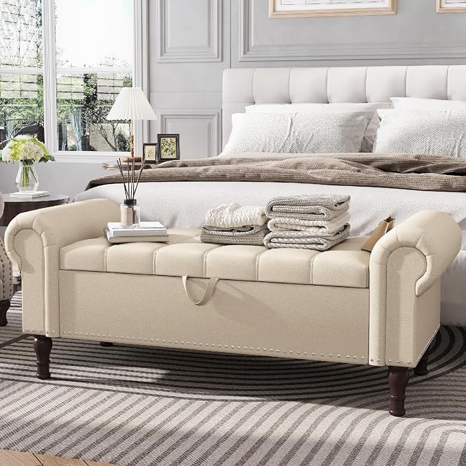Apicizon 51” Bench with Storage, Faux Leather Ottoman Bench with Rolled Arm & by APICIZON