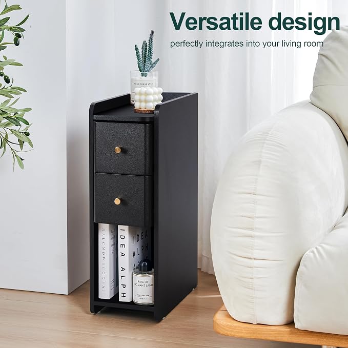 Narrow Nightstand Set of 2, Wooden Small 2 Drawer Nightstand, Slim Side End - Image 4