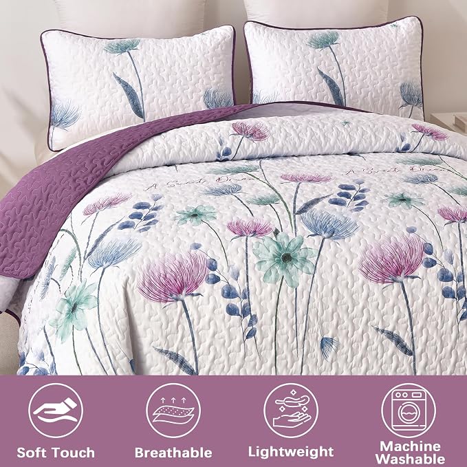 Dinjoy Purple Quilt Set King, Floral Printed Bedspread Coverlet Set | Purple - Image 8