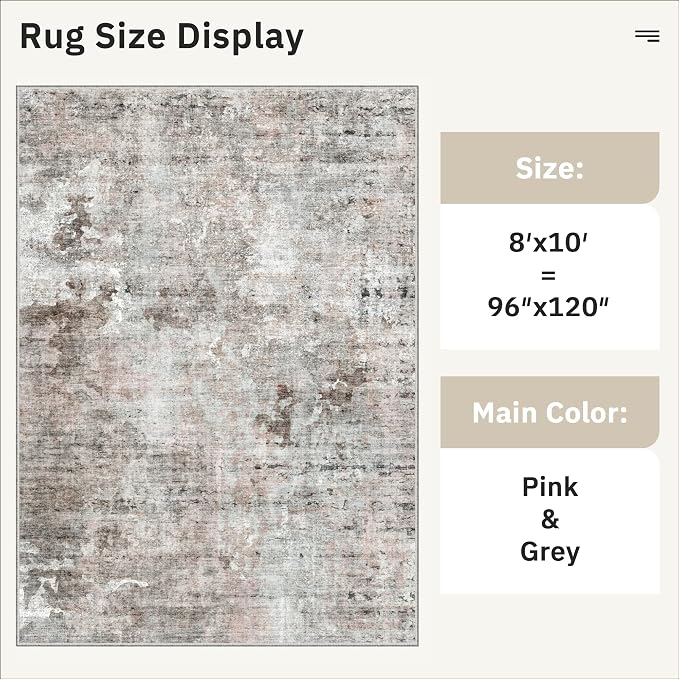 Soalmost Abstract Rug 8x10 Large Living Room Area Rugs Washable Pink/Grey | - Image 5