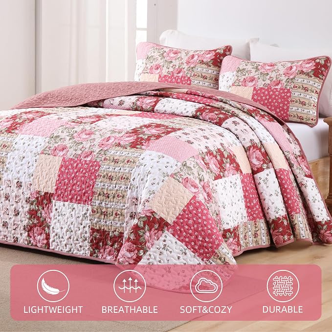 Anibedding Floral Patchwork Quilt Set Queen Size, Soft Lighweight Farmhouse - Image 2