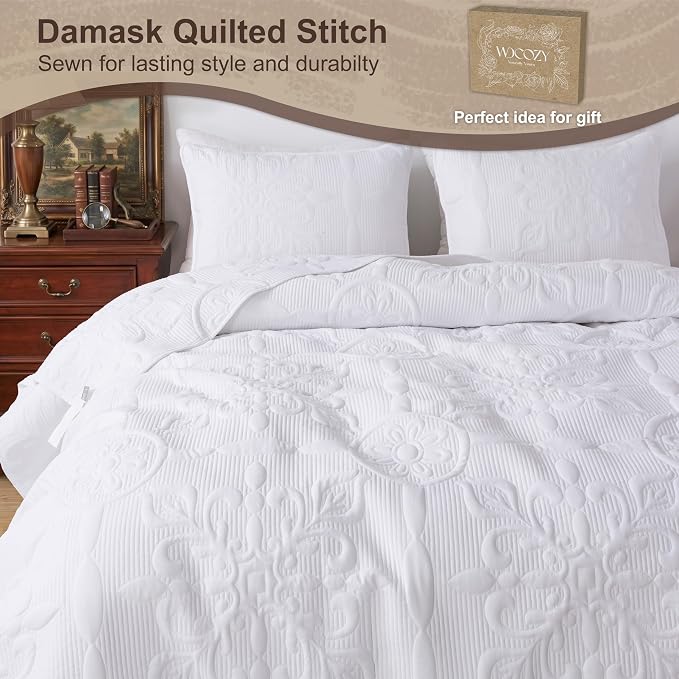 B2EVER White Damask Quilt Twin Size Bedding Sets - Image 4