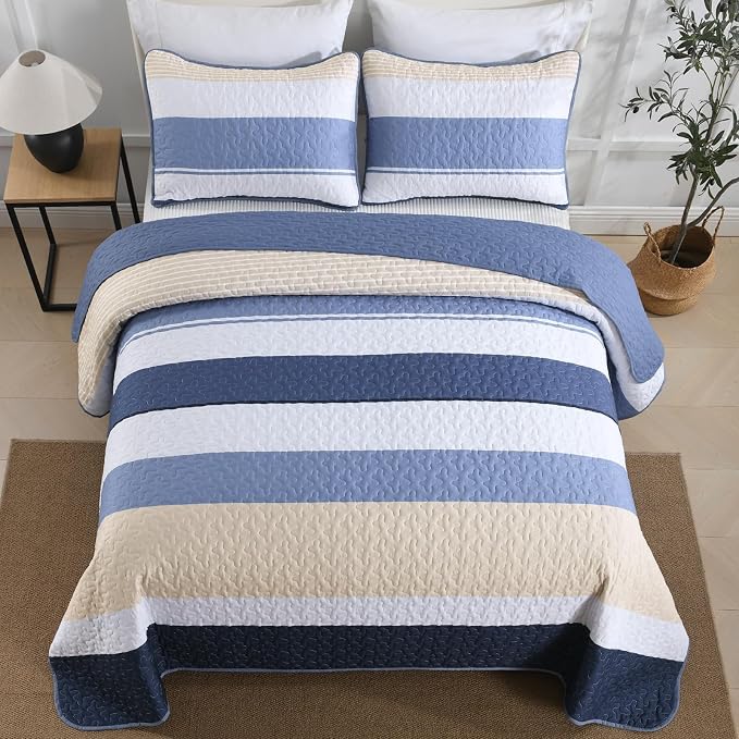 Dinjoy King Boho Striped Quilt Set, Breathable All-Season, 3-Piece Set Fits - Image 3