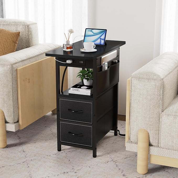 Yenlure Small Side Table with Charging Station, Narrow Nightstand Bedside - Image 6
