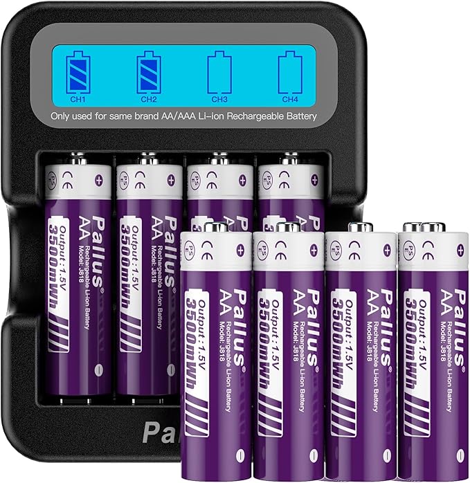 Pallus Rechargeable Lithium AA Batteries - 8 Pack 1.5v 3500mWh AA Rechargeable Batteries with LCD Charger for Outdoor Blink Camera, Fast Charging, Long Lasting, Low Battery Alarmc, Cycles 1600x