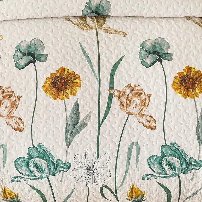 WONGS BEDDING Floral Quilt Set King Size, Aqua Botanical Coverlet | Farmhouse - Image 6