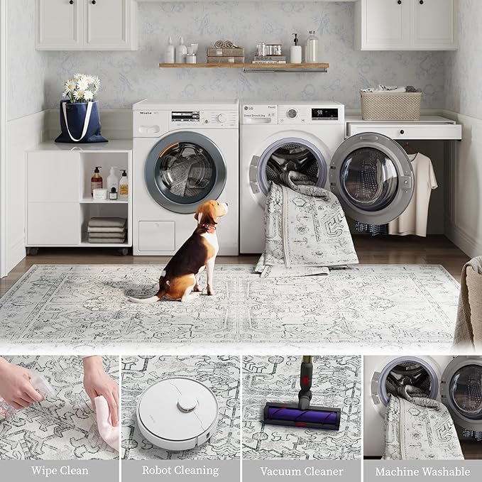 jinchan Lima Runner Rug 2x12 Long Hallway Runner Rug Thin Vintage Washable Kitchen Carpet with Rubber Backing Floral Print Floor Cover Indoor Laundry Room Bedroom Stairway (2x12ft, Grey)