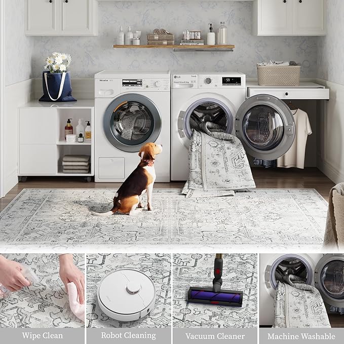 jinchan Lima 2x3 Entryway Washable Rug - Non-Slip Indoor Distressed Doormat Small Rug Low Pile Ultra-Thin Accent Floral Print Indoor Mat for Entrance Kitchen Bathroom Bedroom (2x3ft, Grey)
