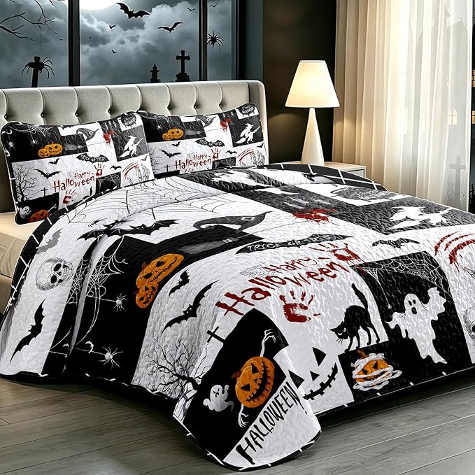WONGS BEDDING Halloween Quilts King Size, King 110"x90", Reversible Grid Design - Image 3